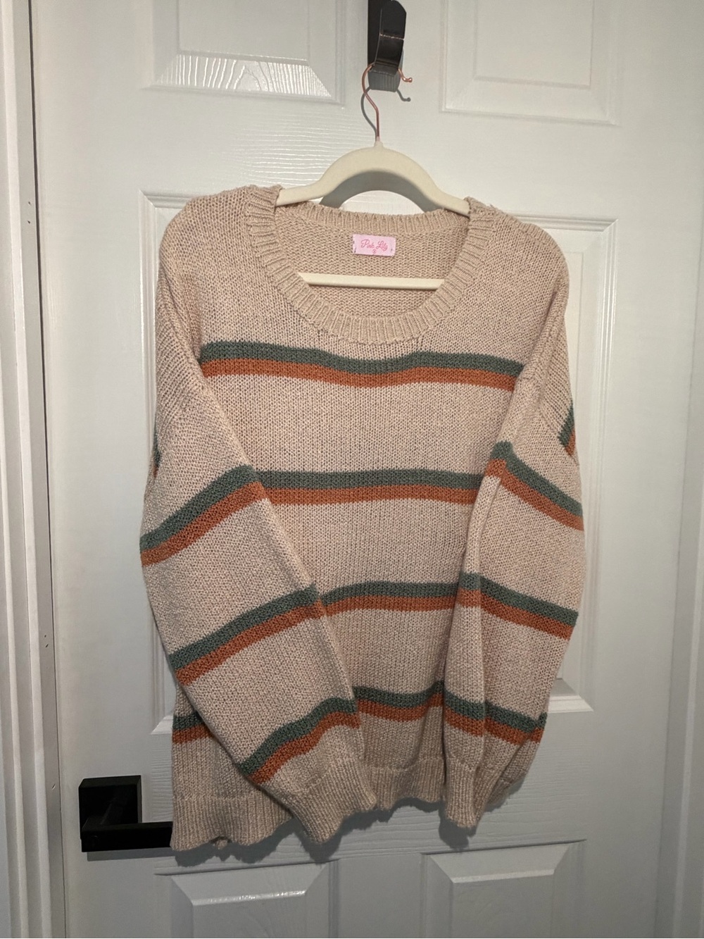 Pink Lily Cream Stripe Crewneck Sweater with Green and Rust Bands